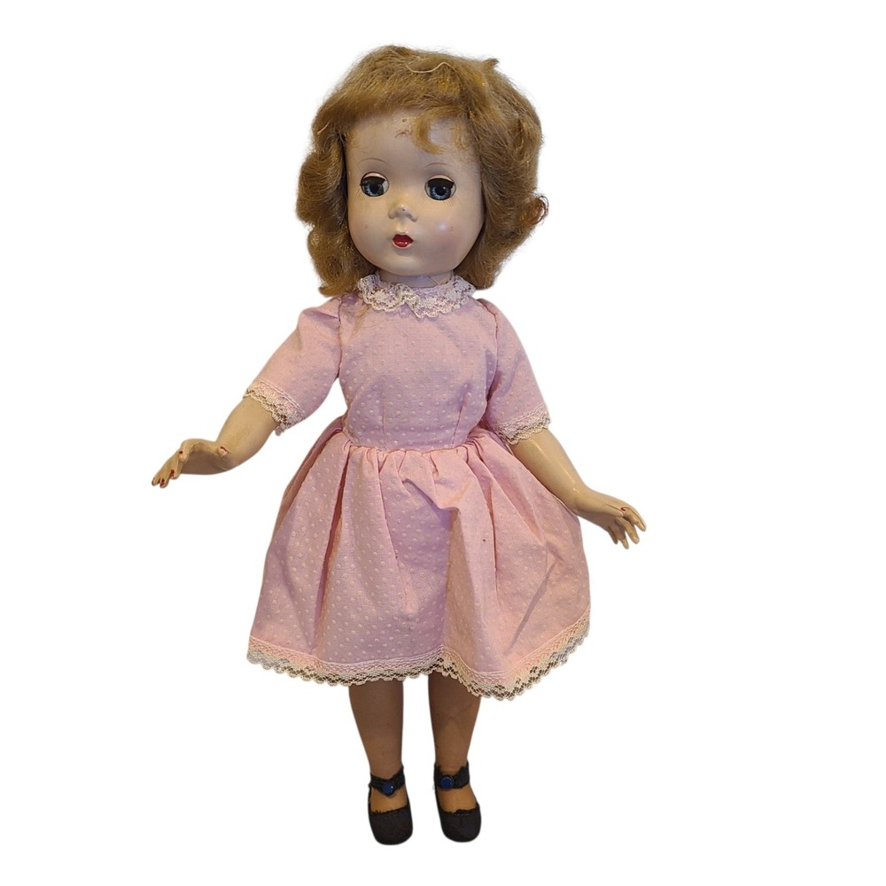 Vintage Madame Alexander 14.5" Walking Doll Auburn Hair Pink Dress Unmarked